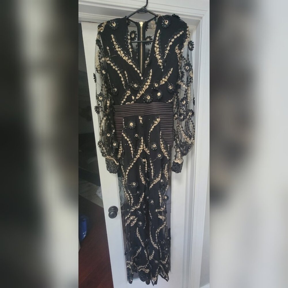 Zhivago Black Sheer Embellished V-Neck Long-Sleeve Jumpsuit with Gold Beading - Picture 5 of 9